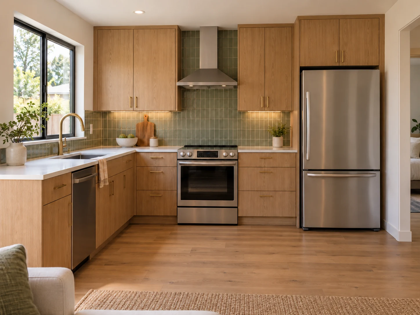 Illustrative custom kitchen with oak cabinets, green tile and brass fixtures