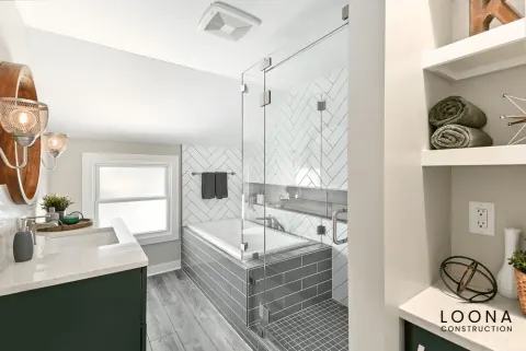 Bathroom remodel with patterned tile in Fremont, photo 1