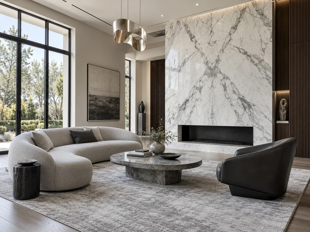 Luxury living room with a marble fireplace and sculptural furniture