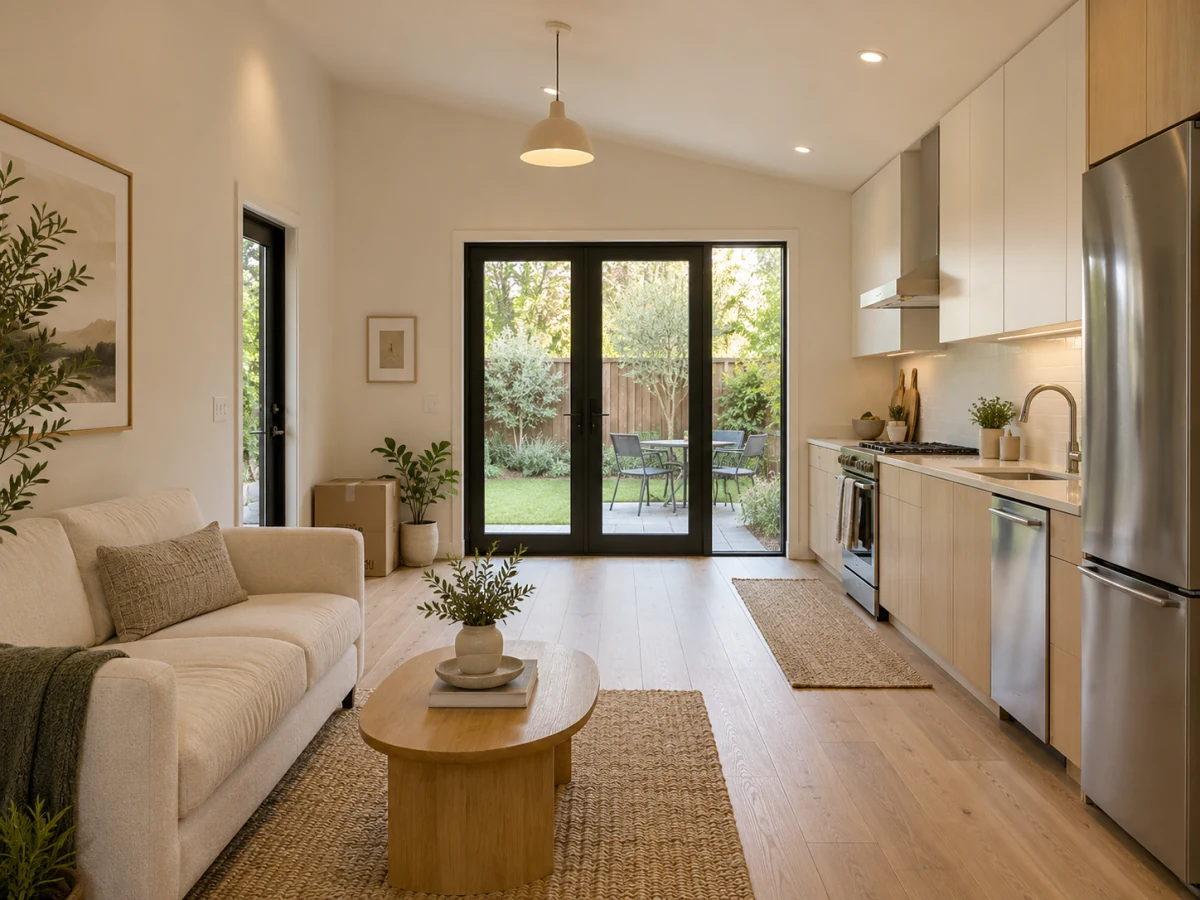 Finished ADU living room and kitchen opening to a garden